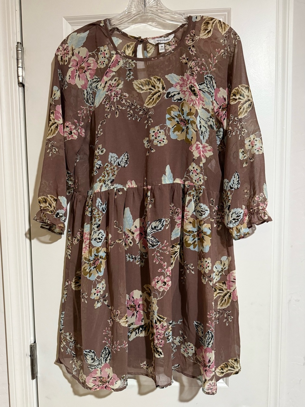 Speechless Brown Floral Midi Dress with Pink and Blue Blooms